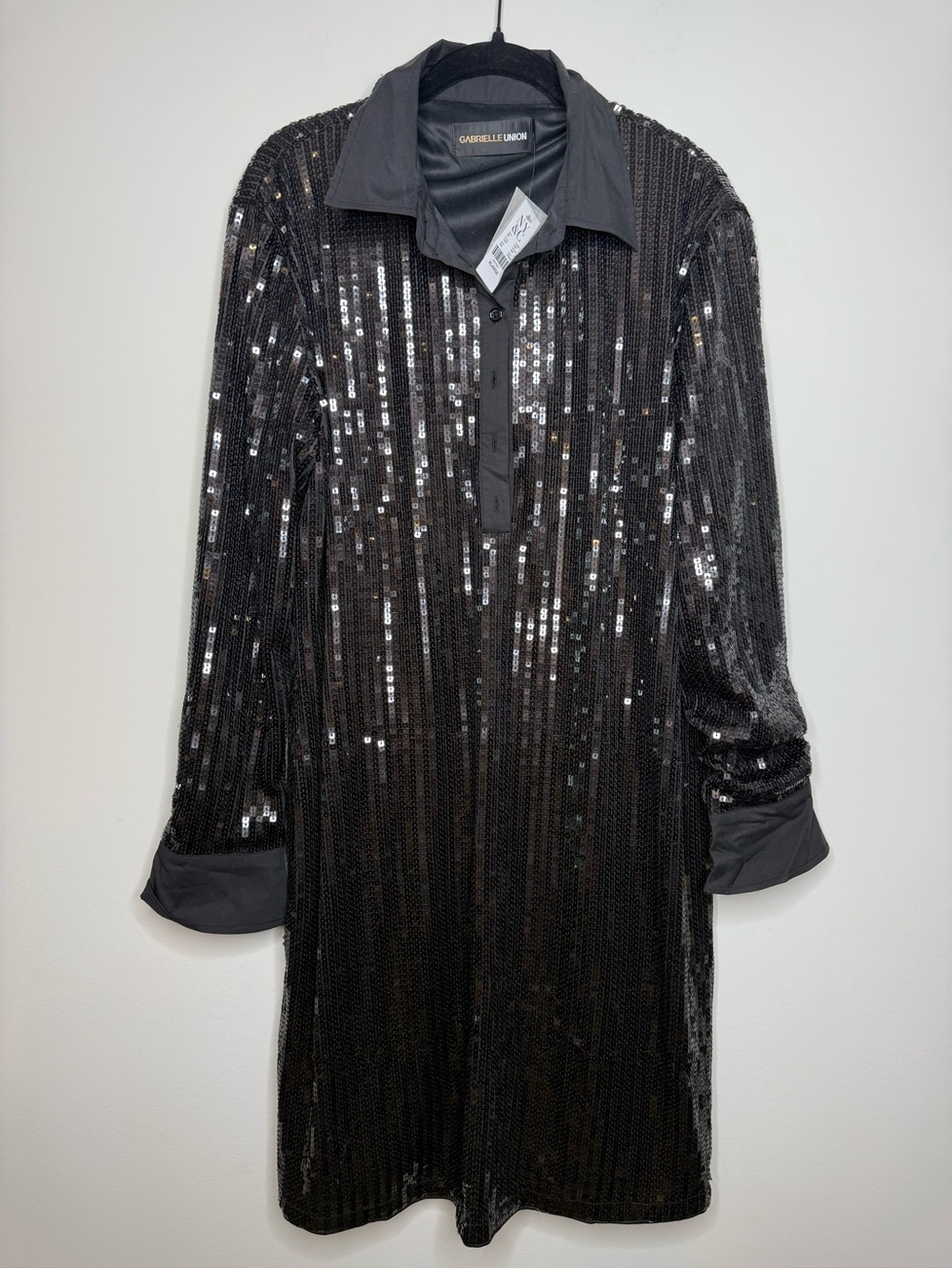 Gabrielle Union brand sequin shirt dress in black.